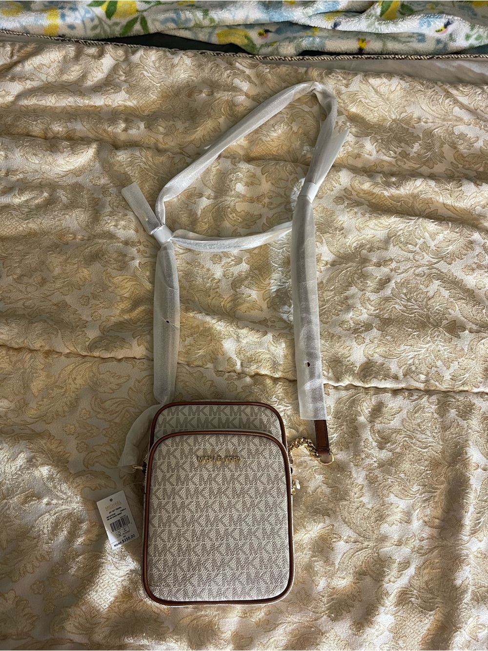 Michael Kors Neutral Signature Monogram Crossbody with Brown Trim